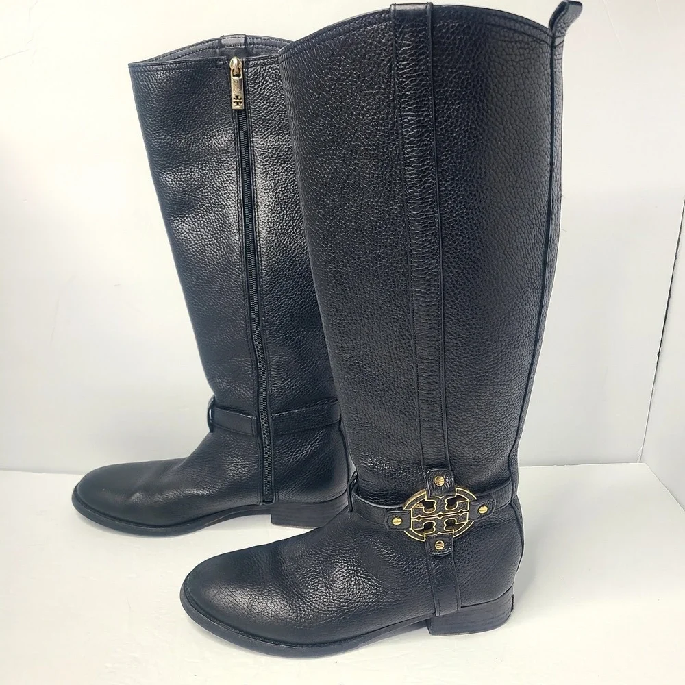 Tory Burch Amanda Medallion Riding Equestrian Tall Leather‎ Boots 8.5 M Black